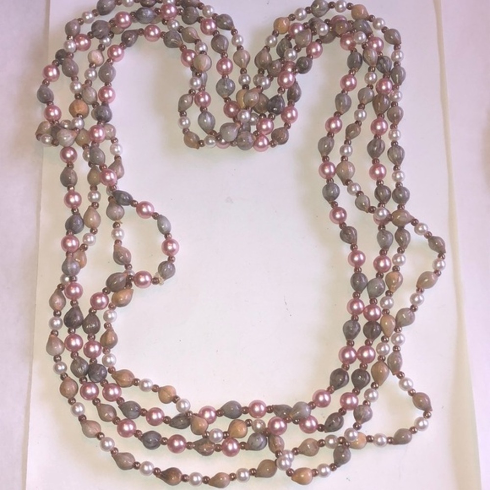 Lot of 2 Vintage Pink Faux Pearl and Gray Shell Beaded Boho Necklaces